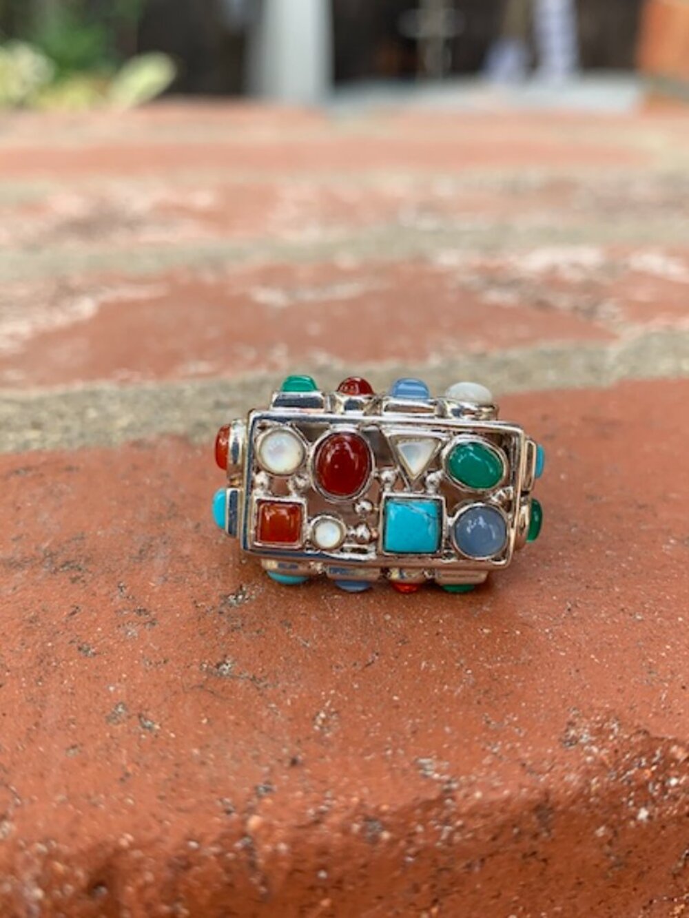VINTAGE Sterling 925 Silver Multi Colored Semi Precious Gem Art Deco Ring, Sz 8